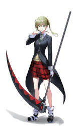 Rule 34 | 1girl, absurdres, black coat, black footwear, boots, coat, collared shirt, commentary, english commentary, full body, glove in mouth, gloves, green eyes, green hair, green necktie, highres, holding, holding scythe, long hair, long sleeves, looking at viewer, mac star, maka albarn, mouth hold, necktie, plaid, plaid shorts, red shorts, school uniform, scythe, shirt, shorts, simple background, solo, soul eater, twintails, white background, white footwear, white gloves