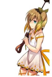 Rule 34 | 10s, 1girl, bittsu (v1tz), blonde hair, blue eyes, bow, edna (tales), expressionless, green bow, hair bow, hair ribbon, hairband, leg ribbon, ribbon, short hair, side ponytail, simple background, single glove, skirt, solo, strap slip, tales of (series), tales of zestiria, tress ribbon, white background, white skirt