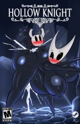 Rule 34 | 1boy, 1girl, absurdres, ass, ass grab, belly, black skin, blush, breasts, colored skin, cum, cum in pussy, doggystyle, ejaculation, grabbing, grabbing another&#039;s ass, grabbing from behind, hetero, highres, hollow knight, hornet (hollow knight), huge ass, huge penis, knight (hollow knight), looking at viewer, medium breasts, penis, sex, sex from behind, size difference, testicles, torn clothes, vaginal