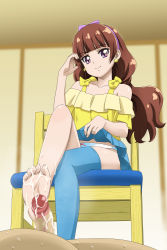 Rule 34 | 1girl, amanogawa kirara, barefoot, blue thighhighs, brown hair, censored, clothes lift, crossed legs, cum, cum on body, cum on feet, cum on lower body, earrings, feet, femdom, footjob, go! princess precure, hairband, jewelry, lifted by self, long hair, looking at viewer, mosaic censoring, nekomimi kanon, panties, penis, precure, purple eyes, single thighhigh, sitting, skirt, skirt lift, smile, solo, solo focus, star (symbol), star earrings, thighhighs, toes, underwear