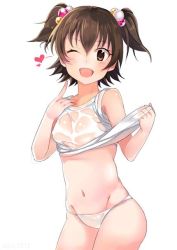 Rule 34 | 10s, 1girl, akagi miria, ashita (2010), bad id, bad twitter id, black hair, blush, breasts, brown eyes, idolmaster, idolmaster cinderella girls, looking at viewer, one eye closed, open mouth, panties, short hair, small breasts, smile, solo, twintails, two side up, underwear, wet, wet clothes, white panties