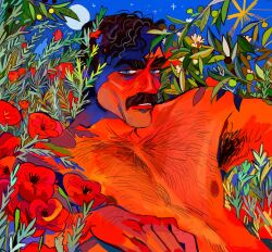 Rule 34 | 1boy, absurdres, armpit hair, bara, black hair, blue eyes, chest hair, colorful, daniel plainview, facial hair, field, flower, hand hair, highres, jadenvargen, leaning back, looking at viewer, male focus, mature male, moon, multicolored hair, mustache, night, nipples, parted lips, pectorals, plant, short hair, solo, sparse stubble, streaked hair, there will be blood, thick eyebrows, thick mustache, upper body, wavy hair