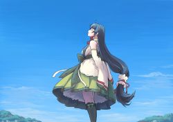 Rule 34 | 1girl, black hair, blue sky, cloud, commentary request, day, detached sleeves, dress, feet out of frame, green dress, hair ribbon, hair tubes, highres, kantai collection, long hair, low-tied long hair, mizuho (kancolle), outdoors, ribbon, sidelocks, sky, solo, standing, vent arbre, very long hair