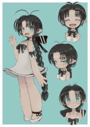 Rule 34 | 1girl, :d, ankleband, antenna hair, black bow, black hair, border, bow, bowtie, braid, closed mouth, dress, ebimomo, expressions, closed eyes, facing away, fang, fingernails, green eyes, green hair, hair bow, hair ornament, hairclip, hand up, highres, long hair, looking at viewer, multiple views, open mouth, pointy ears, shoes, smile, very long hair, wavy mouth, white border, white dress, white footwear, wide-eyed