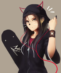 Rule 34 | 1girl, animal ears, blouse, brown background, cable, cat ears, drawn whiskers, fake animal ears, highres, original, red shirt, shimmer, shirt, simple background, solo, tagme, whiskers