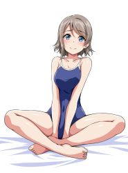 Rule 34 | 10s, 1girl, barefoot, bed sheet, between legs, blue eyes, blue one-piece swimsuit, blush, breasts, commentary request, competition school swimsuit, covered navel, full body, grey hair, hand between legs, indian style, looking at viewer, love live!, love live! sunshine!!, one-piece swimsuit, school swimsuit, short hair, sitting, smile, solo, swimsuit, watanabe you, white background, yopparai oni