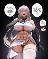 Rule 34 | 1girl, borrowed character, breasts, clothing cutout, english text, ethan69 (anhuzart), grey eyes, highres, instant loss, large breasts, open mouth, original, thighhighs, toned, underboob, underboob cutout, white hair, wide hips