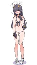 Rule 34 | 1girl, absurdres, bare legs, bare shoulders, bikini, binoculars, black gloves, black hair, blue archive, blush, commentary request, covered erect nipples, female focus, flying sweatdrops, full body, gloves, halo, hand up, harigane shinshi, headgear, highres, leaf, leaf on head, long hair, looking at viewer, micro bikini, miyu (blue archive), nipples, nose blush, red eyes, see-through, see-through bikini, see-through swimsuit, shadow, shoes, simple background, solo, standing, swimsuit, tears, very long hair, white background, white bikini, white footwear