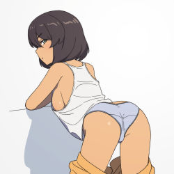 Rule 34 | 1girl, absurdres, ass, bent over, black hair, breasts, crotch seam, girls und panzer, green eyes, highres, hoshino (girls und panzer), large breasts, nipple slip, nipples, no bra, onsen tamago (hs egg), open mouth, panties, shiny skin, short hair, simple background, solo, tank top, underwear, white background, white panties, white tank top
