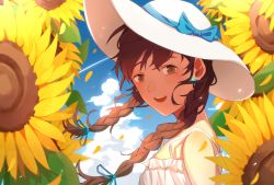 Rule 34 | 1girl, blue sky, bow, braid, brown eyes, brown hair, cloud, day, dress, earrings, flower, hat, hat bow, jewelry, konomi (kumagai20), looking at viewer, open mouth, original, outdoors, sky, solo, summer, sun hat, sunflower, white dress, white hat