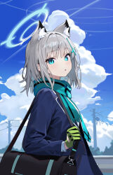 Rule 34 | 1girl, absurdres, animal ear fluff, animal ears, bag, black jacket, blazer, blue archive, blue eyes, blue halo, blue scarf, blush, cross hair ornament, day, extra ears, gloves, green gloves, grey hair, hair ornament, halo, highres, jacket, loloco, long sleeves, looking at viewer, medium hair, mismatched pupils, outdoors, parted lips, scarf, school bag, shiroko (blue archive), solo, upper body, wolf ears