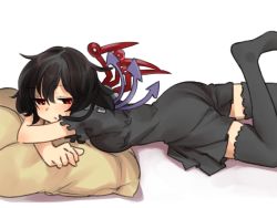 Rule 34 | 1girl, ass, asymmetrical wings, black hair, black thighhighs, breasts, dress, female focus, houjuu nue, lying, on stomach, pillow, pine (pine-box), red eyes, solo, thighhighs, touhou, white background, wings, zettai ryouiki