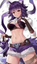 Rule 34 | 1girl, animal ear fluff, animal ears, arm strap, bikini, breasts, cleavage, crop top, cygames, fang, framed breasts, fur-trimmed shorts, fur trim, hand on own chest, he c92, highres, large breasts, leg belt, looking at viewer, makoto (princess connect!), midriff, navel, princess connect!, purple bikini, purple hair, purple shorts, short shorts, shorts, solo, swimsuit, sword, tail, thigh strap, weapon, weapon request, wolf ears, wolf girl, wolf tail, yellow eyes