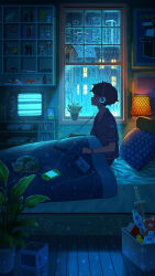 Rule 34 | 1boy, absurdres, bed sheet, black hair, blanket, box, building, cassette player, cat, city, city lights, closed eyes, commentary request, handheld game console, headphones, highres, indoors, lamp, male focus, night, on bed, original, pasoputi, pillow, plant, potted plant, rain, shelf, shirt, short sleeves, sitting, skyscraper, sword, t-shirt, television, toy, weapon, window, wooden floor, wooden sword