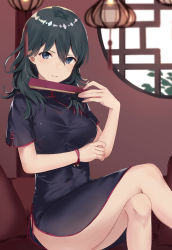 Rule 34 | 1girl, alternate costume, black dress, black hair, blue eyes, blurry, blurry foreground, bracelet, breasts, byleth (female) (fire emblem), byleth (fire emblem), china dress, chinese clothes, commentary request, crossed legs, dress, fire emblem, fire emblem: three houses, folded fan, folding fan, hair between eyes, hand fan, hand up, haru (nakajou-28), highres, holding, holding fan, indoors, jewelry, large breasts, long hair, looking at viewer, nintendo, parted lips, shiny skin, short sleeves, side slit, sidelocks, sitting, solo, thighs