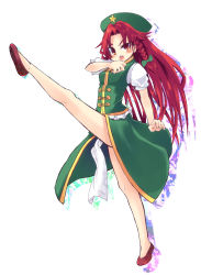 Rule 34 | 1girl, absurdres, braid, china dress, chinese clothes, dress, female focus, full body, hat, high kick, highres, hong meiling, kicking, long hair, red eyes, red hair, solo, embodiment of scarlet devil, touhou, twin braids, usa-pom, white background