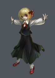 Rule 34 | 1girl, blonde hair, bobby socks, brooch, child, dress shirt, embodiment of scarlet devil, female focus, full body, highres, jewelry, mary janes, outstretched arms, pale skin, red eyes, rumia, shirt, shoes, short hair, simple background, skirt, smile, socks, solo, spark621, spread arms, touhou, white socks