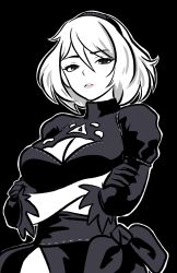 Rule 34 | 1girl, 2b (nier:automata), black background, breasts, cleavage, cleavage cutout, clothing cutout, commentary, crossed arms, dress, english commentary, gloves, hairband, highres, johncaden, large breasts, limited palette, looking at viewer, nier:automata, nier (series), parted lips, short hair, simple background, solo, spot color, upper body