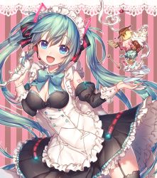 Rule 34 | 1girl, :d, adapted costume, alternate costume, apron, aqua bow, aqua bowtie, aqua nails, bare shoulders, black dress, black ribbon, black thighhighs, blue eyes, blush, bow, bowtie, breasts, cd, cherry, cleavage, colored stripes, cream, detached sleeves, dress, enmaided, food, frilled dress, frills, fruit, garter straps, glowing, hair ribbon, hatsune miku, headset, ice cream, kirisaki shuusei, long hair, long sleeves, looking at viewer, maid, nail polish, number tattoo, open mouth, pastry bag, pudding, ribbon, shoulder tattoo, small breasts, smile, solo, spoon, striped, striped background, tattoo, thighhighs, twintails, vertical stripes, very long hair, vocaloid, white apron