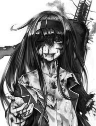 Rule 34 | 1girl, amputee, blood, blood from mouth, blood on clothes, blood on face, greyscale, guro, hair between eyes, hatsushimo (kancolle), headband, injury, jacket, kantai collection, kurou (bcrow), long hair, looking at viewer, monochrome, one eye closed, open mouth, rigging, severed arm, severed limb, shirt, simple background, solo, torn clothes, upper body