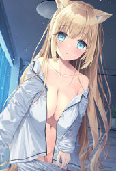 Rule 34 | 1girl, animal ear fluff, animal ears, blonde hair, blue eyes, blush, breasts, cleavage, clothes pull, collared shirt, commentary request, dress shirt, fox ears, groin, hair between eyes, highres, indoors, long hair, looking at viewer, medium breasts, navel, no bra, off shoulder, open clothes, open shirt, original, pajamas, pajamas pull, pants, pants pull, parted lips, satsuki yukimi, shirt, solo, standing, very long hair, white pajamas, white pants, white shirt