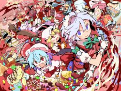 Rule 34 | 4girls, ascot, blonde hair, blue eyes, blue hair, bow, box, braid, cake, candy, cherry, chocolate, chocolate heart, crescent, crescent hair ornament, cup, fang, flandre scarlet, food, fruit, gift, gift box, gloves, green bow, hair between eyes, hair bow, hair ornament, hat, hat ribbon, heart, heart-shaped food, highres, indoors, izayoi sakuya, looking at viewer, maid headdress, mob cap, moyazou (kitaguni moyashi seizoujo), multiple girls, open mouth, patchouli knowledge, purple eyes, purple hair, red eyes, red ribbon, remilia scarlet, ribbon, smile, spatula, teacup, touhou, twin braids, valentine, vest, watch, white gloves, wrist cuffs, wristwatch