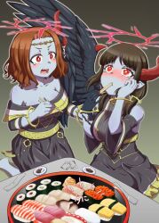 Rule 34 | 2girls, bare shoulders, barefoot, black dress, black feathers, blush, breasts, brown hair, capricious darklord, chopsticks, chopsticks in mouth, cleavage, colored skin, dress, duel monster, eating, fallen angel, feathers, fish (food), food, food request, gloves, gold bracelet, grey skin, holding, holding chopsticks, ikura (food), indulged darklord, kaiyumaguro, large breasts, long hair, medium breasts, medium hair, multiple girls, open mouth, plate, red eyes, single glove, single wing, sushi, table, wings, yu-gi-oh!
