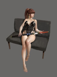 Rule 34 | 1girl, absurdres, armor, bangku an, bare arms, bare legs, bare shoulders, barefoot, belt, bench, black leotard, brown hair, closed mouth, collarbone, commentary, dead or alive, full body, garter straps, grey background, hair ribbon, highres, holding, holding sword, holding weapon, kasumi (doa), knee up, leotard, lipstick, looking to the side, makeup, multiple belts, nail polish, parted lips, pink nails, ponytail, red lips, ribbon, sheath, sidelocks, simple background, sitting, smile, solo, strapless, strapless leotard, sword, toenail polish, toenails, unsheathing, weapon, yellow ribbon