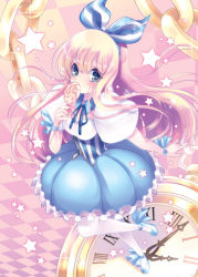 Rule 34 | 108 gou, 1girl, blonde hair, blue eyes, blush, bow, bubble skirt, candy, chain, checkered background, child, dress, food, hair ribbon, lollipop, long hair, looking at viewer, original, pantyhose, pocket watch, ribbon, skirt, standing, standing on one leg, star (symbol), stopwatch, watch, white pantyhose