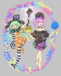 Rule 34 | 2girls, bare shoulders, blush stickers, chamaruk, clothes writing, clownpiece, clownpiece (cosplay), cosplay, dress, floral print, green eyes, green hair, hat, heart, heart print, hecatia lapislazuli, hecatia lapislazuli (cosplay), holding, jester cap, kaenbyou rin, kaenbyou rin (cat), komeiji koishi, komeiji satori, long hair, multiple girls, neck ruff, off-shoulder shirt, off shoulder, open mouth, outstretched arms, pantyhose, print legwear, purple eyes, reiuji utsuho, reiuji utsuho (bird), shirt, short hair, short sleeves, siblings, sisters, skirt, striped clothes, striped dress, striped legwear, striped pantyhose, t-shirt, third eye, torch, touhou