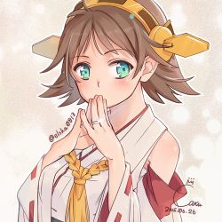 Rule 34 | 10s, 1girl, aqua eyes, bare shoulders, brown hair, detached sleeves, hairband, headgear, hiei (kancolle), japanese clothes, jewelry, kantai collection, nontraditional miko, ring, saki (little crown), short hair, solo, wedding band