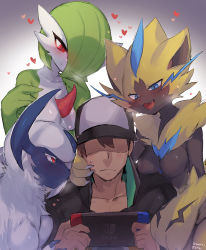 Rule 34 | 1boy, 3girls, absol, absurdres, animal nose, blue eyes, breasts, creatures (company), furry, furry female, furry with non-furry, game freak, gardevoir, gen 3 pokemon, gen 7 pokemon, green hair, hair over one eye, handheld game console, harem, hat, heart, highres, horns, interspecies, legendary pokemon, looking at another, multiple girls, mythical pokemon, nintendo, nintendo switch, pokemon, pokemon (creature), pokemon unite, pokephilia, red eyes, single horn, smile, suurin (ksyaro), upper body, whiskers, zeraora