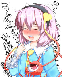 Rule 34 | 1girl, blush, closed eyes, crying, female focus, hairband, hand on own chest, highres, komeiji satori, open mouth, peso (cheese company), pink hair, simple background, snot, solo, tears, third eye, touhou, translation request, trembling, white background