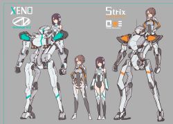 Rule 34 | 2girls, bare shoulders, black footwear, black gloves, black legwear, boots, breasts, brown hair, closed mouth, covered navel, elbow gloves, externally piloted mecha, gloves, grey background, grey legwear, grin, hand on own hip, hands on own hips, headgear, kopaka (karda nui), long sleeves, looking at viewer, mecha, multiple girls, orange eyes, original, robot, side ponytail, simple background, sitting, small breasts, smile, standing, thigh boots, thighhighs, white footwear, white gloves, white legwear