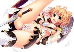 Rule 34 | 1girl, blonde hair, blush, breasts, cameltoe, demon busters, game cg, gloves, itou life, large breasts, leg up, legs, looking at viewer, nakahime karen, nipples, open mouth, panties, shield, short hair, simple background, solo, sweat, sword, tears, thighs, torn clothes, underwear, weapon, yellow eyes