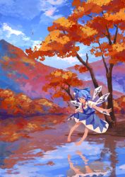 Rule 34 | 1girl, absurdres, autumn leaves, barefoot, blue bow, blue dress, blue eyes, blue hair, blue sky, bow, cirno, cloud, dress, forest, full body, hair bow, highres, hyoutan tan, ice, ice wings, mountain, nature, outdoors, pinafore dress, reflection, reflective water, scenery, shirt, short hair, short sleeves, sky, sleeveless dress, solo, touhou, tree, white shirt, wings