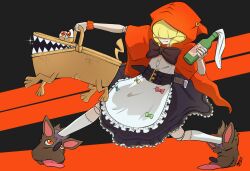 Rule 34 | 1girl, absurdres, animate object, apron, artist name, aye len (ibiku), basket, belt, black background, black skirt, blonde hair, bottle, chaperomon, covered eyes, digimon, digimon (creature), doll, drill hair, hair over eyes, highres, holding, holding basket, holding bottle, hood, hood up, knife behind back, molotov cocktail, outstretched arm, red background, red eyes, red hood, sharp teeth, shirt, skirt, stitched face, stitches, teeth, white shirt