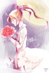 Rule 34 | 1girl, blonde hair, celes chere, closed eyes, closed mouth, dress, earrings, final fantasy, final fantasy vi, flower, from side, highres, hiromyan, jewelry, lips, long hair, moon, parted bangs, ponytail, rose, single earring, solo