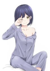 Rule 34 | 1girl, ;), blue hair, blue pajamas, breasts, cleavage, closed mouth, collarbone, commentary request, hand up, highres, medium breasts, mole, mole under eye, nijisanji, one eye closed, oyama natsuki, pajamas, pants, shirt, shizuka rin, short hair, simple background, sitting, smile, solo, virtual youtuber, white background, yellow eyes