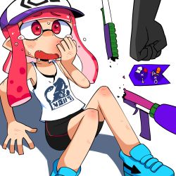 Rule 34 | 1girl, abuse, bare arms, bare shoulders, baseball cap, bike shorts, blue footwear, breaking, bruise, fang, furrowed brow, hand on own face, hand up, hat, highres, injury, inkling, inkling girl, inkling player character, lakilolom, long hair, nintendo, open mouth, pink hair, pointy ears, punching, red eyes, shadow, shirt, shoes, single vertical stripe, sitting, solo focus, splat charger (splatoon), splatoon (series), splatoon 2, tank top, tears, tentacle hair, torn clothes, torn shirt, white shirt