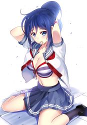 Rule 34 | 1girl, arms up, bikini, bikini top only, black socks, blue bikini, blue eyes, blue hair, blue skirt, bracelet, breasts, cleavage, floor, front-tie top, gradient hair, halterneck, high ponytail, highres, jewelry, large breasts, loafers, long hair, looking at viewer, love live!, love live! sunshine!!, matsuura kanan, mouth hold, multicolored hair, navel, neckerchief, open clothes, open shirt, pleated skirt, puffy short sleeves, puffy sleeves, purple hair, red neckerchief, school uniform, serafuku, shirt, shoes, short sleeves, simple background, sitting, skirt, socks, solo, striped bikini, striped bikini top, striped clothes, swimsuit, tying hair, wariza, white background, white bikini, white shirt, wintersteam, zipper