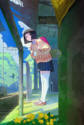 Rule 34 | 1girl, :|, abandoned, absurdres, backpack, bag, black hair, blue skirt, blunt ends, brown footwear, closed mouth, collared shirt, cool4noodle, flower, full body, highres, holding strap, moss, orange sweater, original, overgrown, pleated skirt, randoseru, red eyes, shirt, skirt, solo, standing, sweater, thighhighs, train station platform, tree, white shirt, white thighhighs, yellow flower