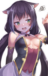 Rule 34 | 1girl, animal ear fluff, animal ears, bare shoulders, black hair, blush, breasts, cat ears, cat girl, detached sleeves, dress, fang, green eyes, highres, karyl (princess connect!), konnyaku (kk-monmon), long hair, low twintails, medium breasts, multicolored hair, open mouth, princess connect!, simple background, solo, squiggle, streaked hair, sweat, twintails, white background, white hair