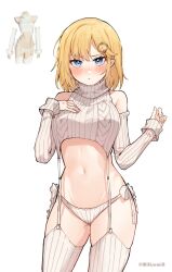Rule 34 | 1girl, absurdres, alternate costume, artist name, blonde hair, blue eyes, blush, commentary, cowboy shot, detached sleeves, embarrassed, garter straps, hands up, highres, hololive, hololive english, long sleeves, looking at viewer, meme attire, mittsu, monocle, navel, panties, parted bangs, ribbed legwear, ribbed panties, ribbed sleeves, short hair, simple background, solo, stomach, sweater, symbol-only commentary, thighhighs, twitter username, underwear, v-shaped eyebrows, virgin destroyer sweater, virtual youtuber, watson amelia, white background, white garter straps, white panties, white sweater, white thighhighs