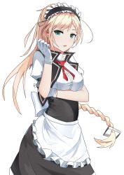 Rule 34 | 1girl, absurdres, adjusting clothes, adjusting gloves, apron, blonde hair, blue eyes, blush, braid, braided bangs, breasts, cropped vest, dress, g36 (girls&#039; frontline), girls&#039; frontline, gloves, hair between eyes, highres, long hair, looking at viewer, maid, maid apron, maid headdress, medium breasts, open clothes, open mouth, open vest, qinglan tingfeng, red neckwear, sidelocks, simple background, smile, solo, very long hair, vest, white background, white gloves