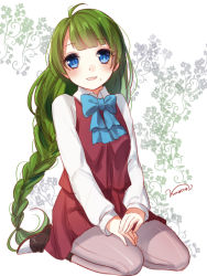 Rule 34 | 10s, 1girl, ahoge, artist name, bad id, bad pixiv id, blue eyes, blunt bangs, blush, bow, bowtie, braid, breasts, collared shirt, dress shirt, floral background, flower, full body, green hair, grey pantyhose, kantai collection, long hair, long sleeves, looking at viewer, mole, mole under mouth, nunucco, own hands together, pantyhose, pleated skirt, school uniform, scrunchie, seiza, shirt, signature, single braid, sitting, skirt, small breasts, solo, very long hair, vest, white background, white shirt, yuugumo (kancolle)