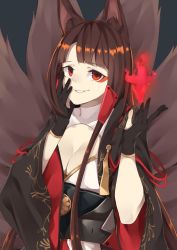 Rule 34 | 1girl, akagi (azur lane), animal ears, azur lane, black gloves, blunt bangs, breasts, brown hair, cleavage, commentary request, crazy eyes, crazy smile, e draw paint, eyeshadow, fire, fox ears, fox girl, fox tail, gloves, hair tubes, hand on own cheek, hand on own face, highres, japanese clothes, kitsune, kyuubi, long hair, long sleeves, looking at viewer, makeup, multiple tails, red eyes, shikigami, sidelocks, simple background, smile, smirk, solo, tail, wide sleeves