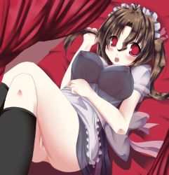 Rule 34 | 1girl, apron, breasts, brown hair, commentary request, hayate no gotoku!, large breasts, looking at viewer, lying, maid, maid apron, maid headdress, maria (hayate no gotoku!), nipples, niyadepa, on back, pussy, red eyes, see-through, solo
