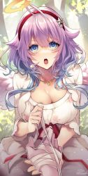 Rule 34 | 1girl, :o, ahoge, angel wings, applying bandages, bandages, blue eyes, blue hair, blunt bangs, breasts, cleavage, collarbone, commentary, dress, floral print, gradient hair, hairband, halo, highres, jewelry, large breasts, looking up, luca (shironeko project), mimoontk, multicolored hair, necklace, open mouth, pov, pov hands, purple hair, red hairband, red ribbon, ribbon, rose print, shironeko project, signature, star-shaped pupils, star (symbol), star necklace, symbol-shaped pupils, teeth, upper body, upper teeth only, white dress, wings