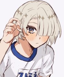 Rule 34 | 1boy, blonde hair, blue eyes, blue shirt, blush, brown eyes, closed mouth, freminet (genshin impact), genshin impact, grey background, grey shirt, hair over one eye, highres, looking at viewer, male focus, mofubii, multicolored eyes, multicolored shirt, one eye covered, shirt, sketch, solo, unhappy